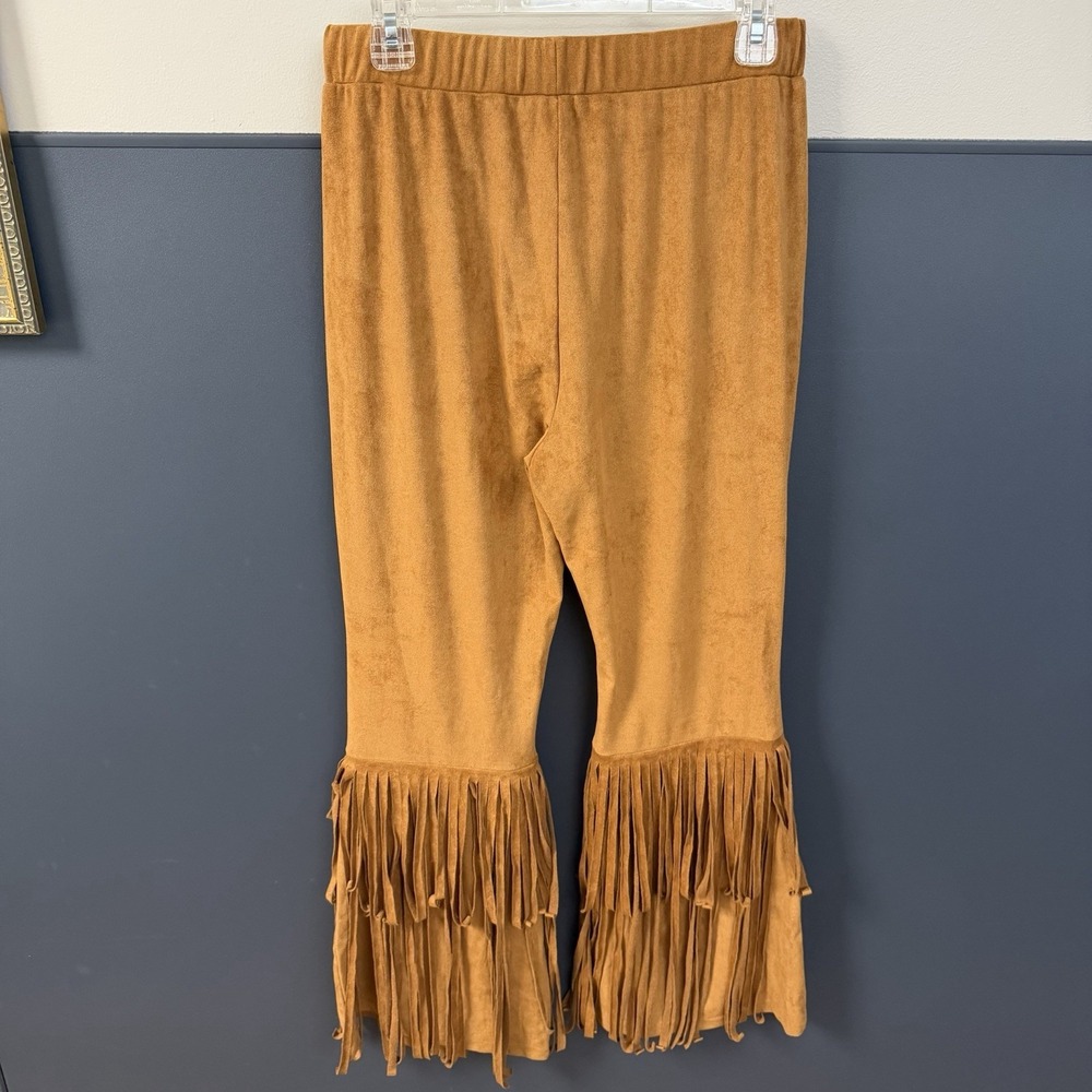 Faux SUEDE fringe Boho HIPPIE BELL BOTTOM pants slimming Sz Large western CAMEL